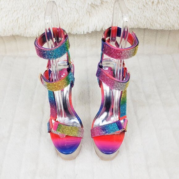 Bulls Rainbow Rhinestone Harness Strap Clear Platform Heels - Picture 11 of 17